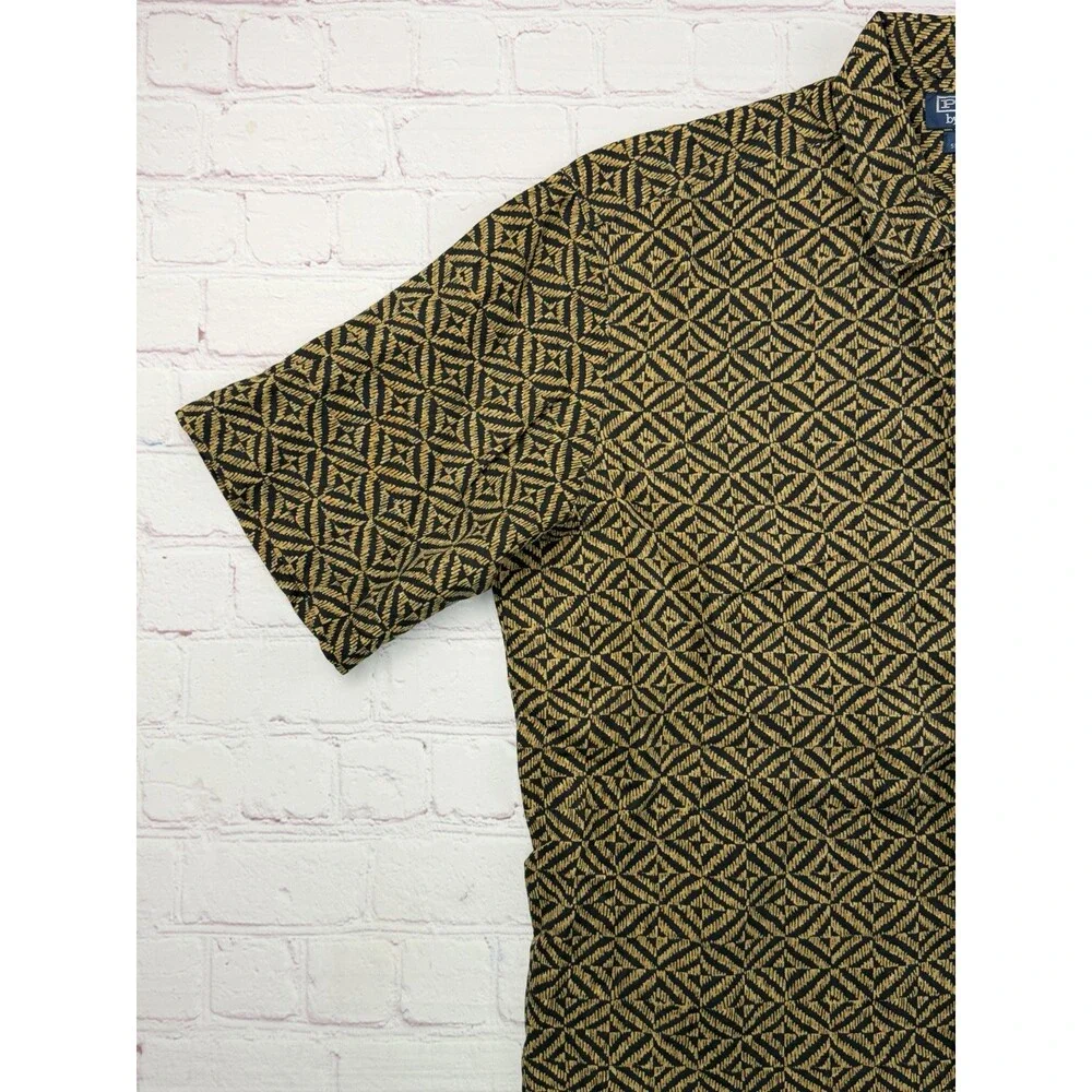 Polo Ralph Lauren Bonnard Shirt Mens MED Gold Silk Linen Geometric Camp Collar